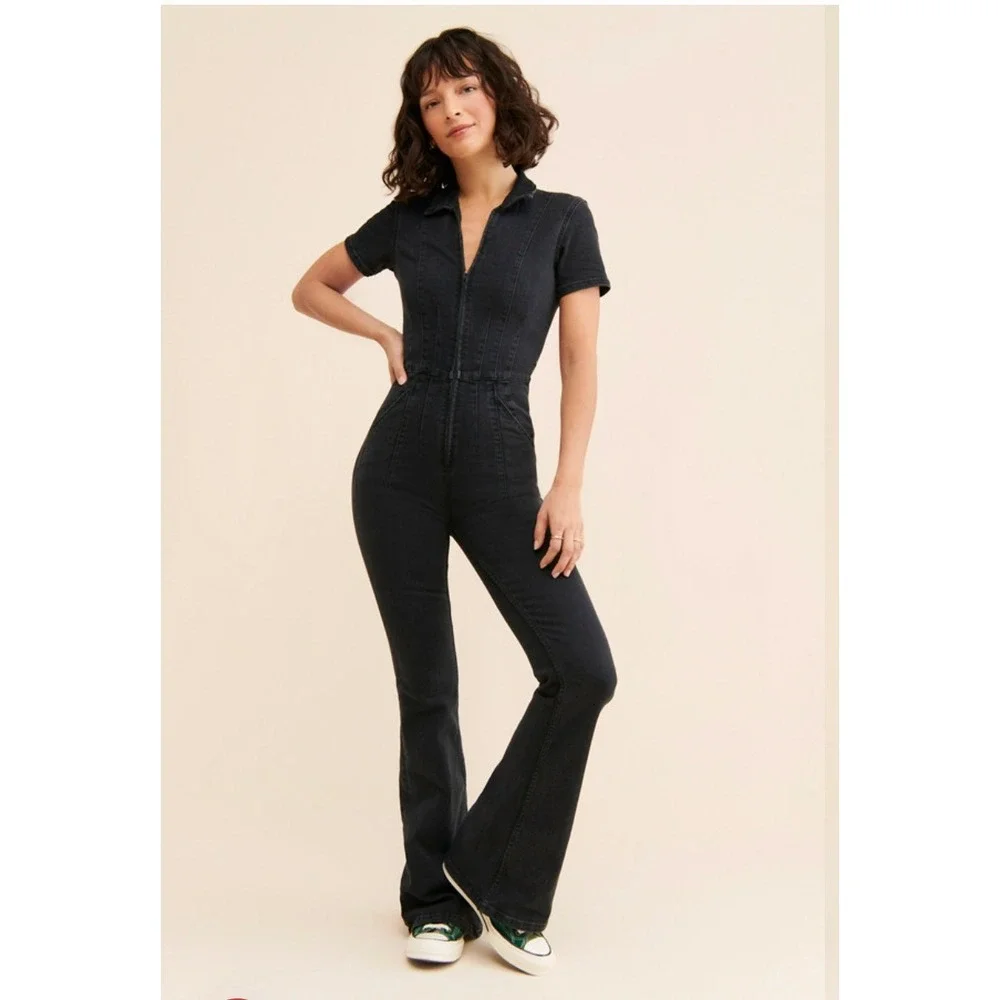 Free People We The Free Jumpsuit Small Black Denim Jayde Flare Boho Stretch Zip